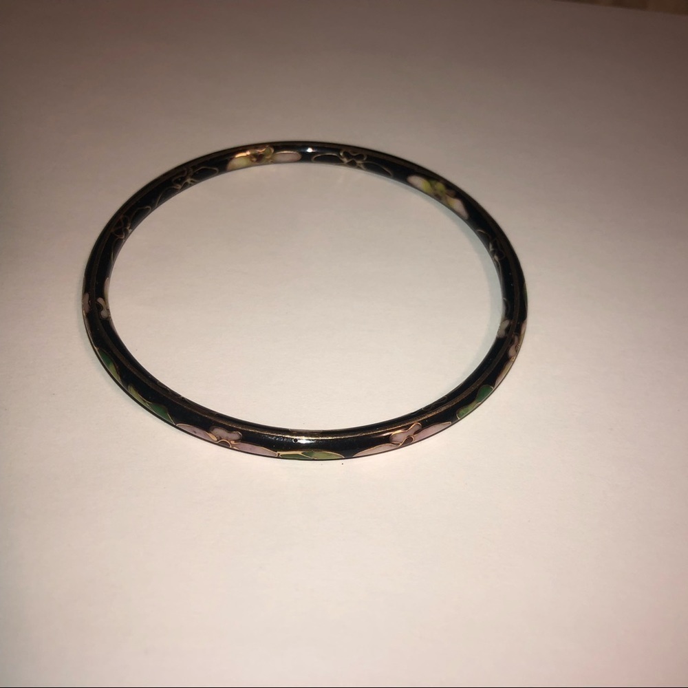 VTG Chinese Cloisonné Enamel Floral Pink Flower Green Leaves Black Bangle 8” - Picture 3 of 4